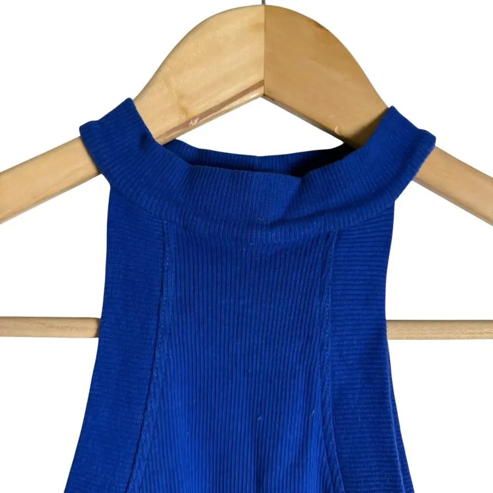 K.ngsley Bright Blue Race Her Ribbed Asymmetrical Cropped Halter Tank Top Small - Picture 5 of 10